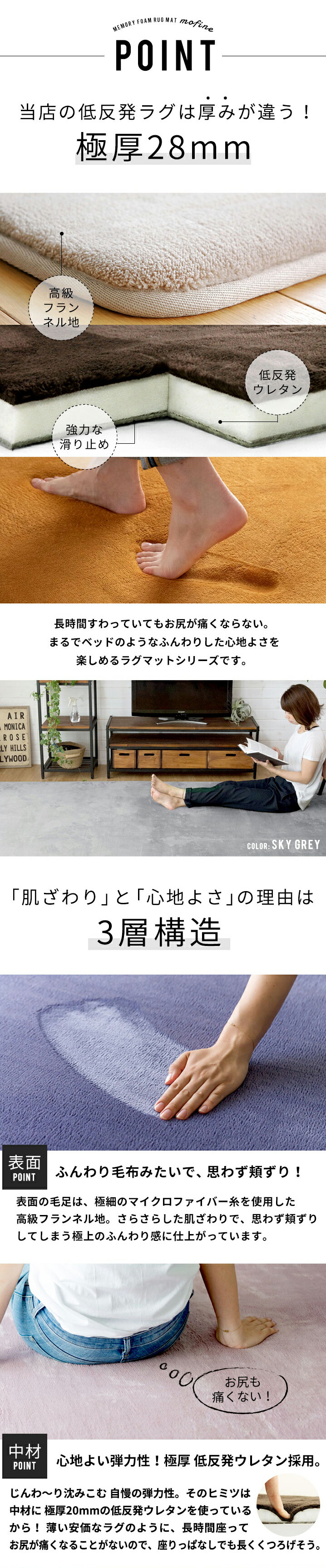 低反発ラグマット モフィネ 200×300cm 厚さ28mm。低反発ウレタンで足腰