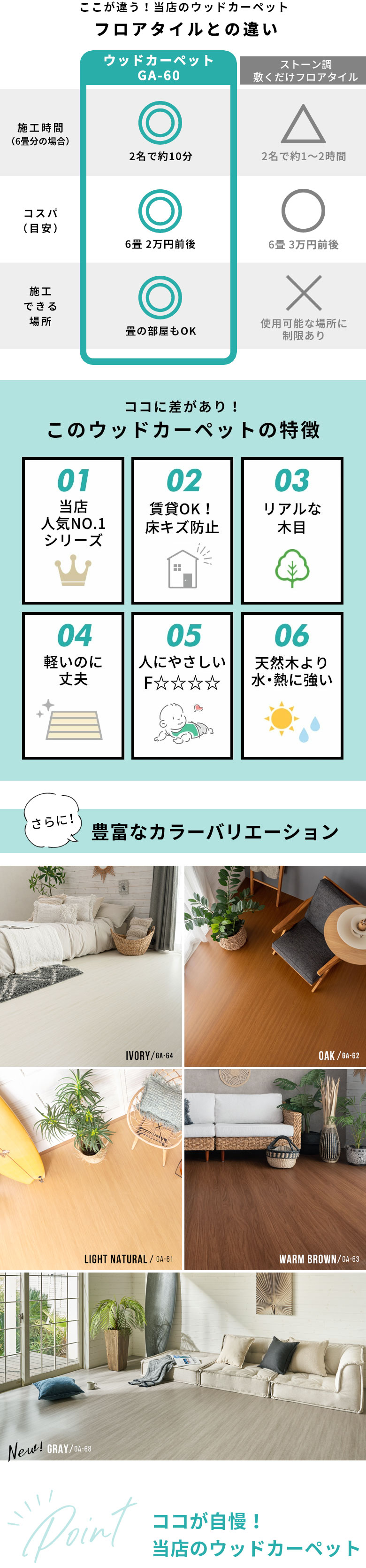 おすすめポイント。賃貸OK。リアル木目。軽いのに丈夫。人にやさしい。豊富なカラーバリエーション。アイボリー。ライトナチュラル。オーク。ウォームブラウン。グレー。