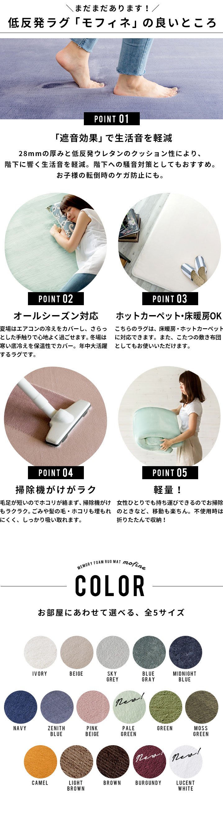 遮音効果で生活音を軽減。オールシーズン対応。ホットカーペット、床暖房対応OK。